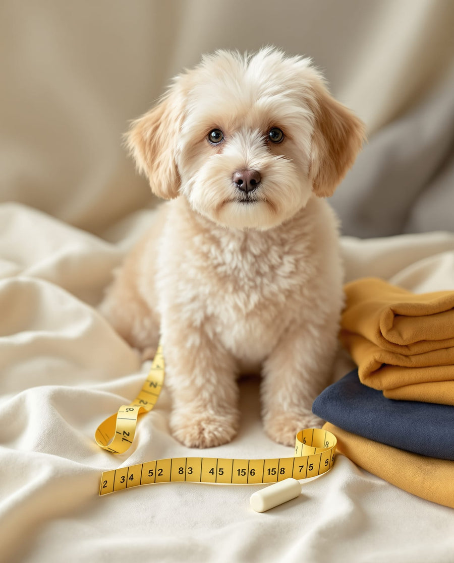 A small cream-coloured dog sitting beside a tailor’s measuring tape and folded fabric swatches